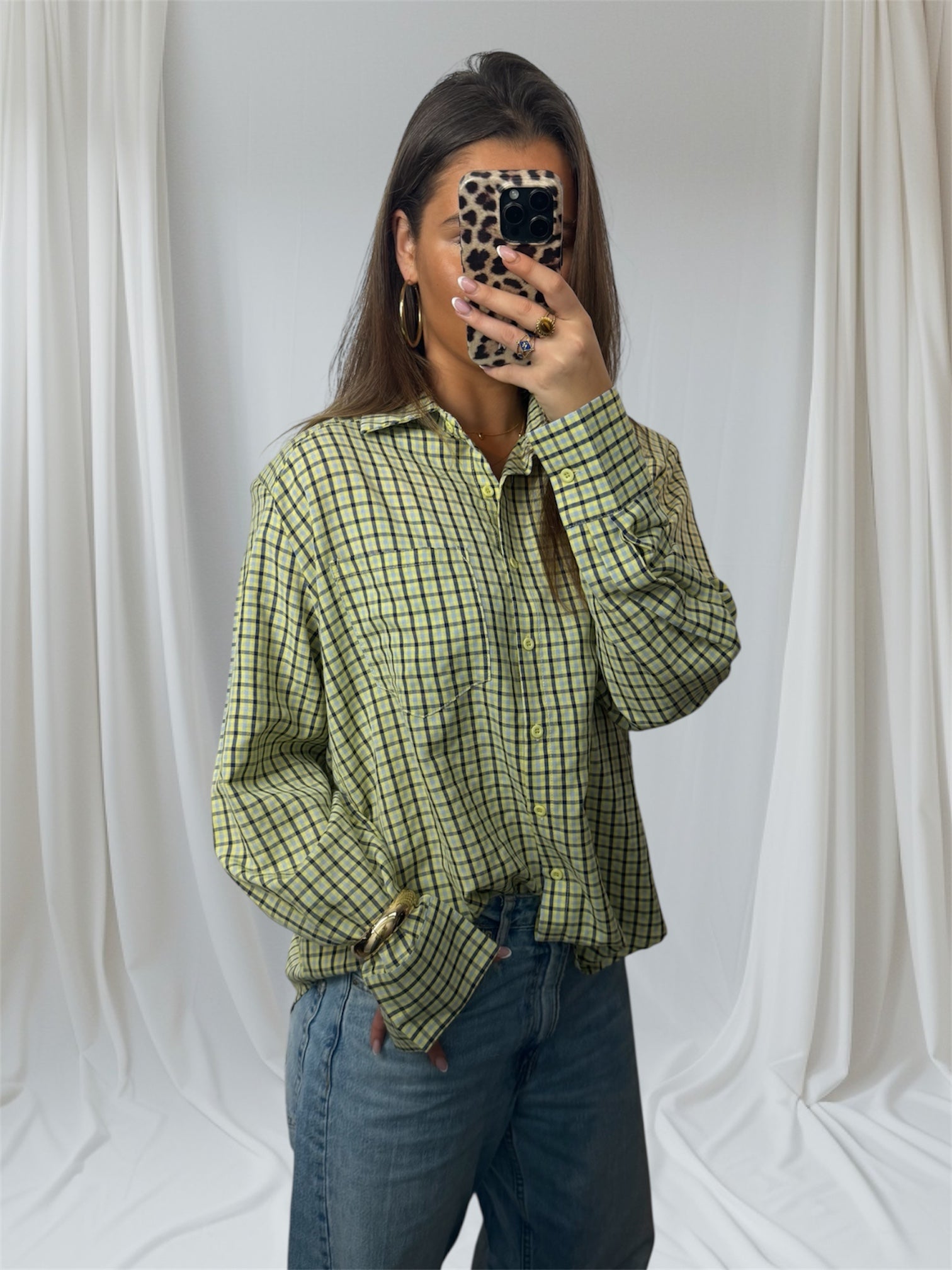 Olive Check Blouse (schoudervulling)
