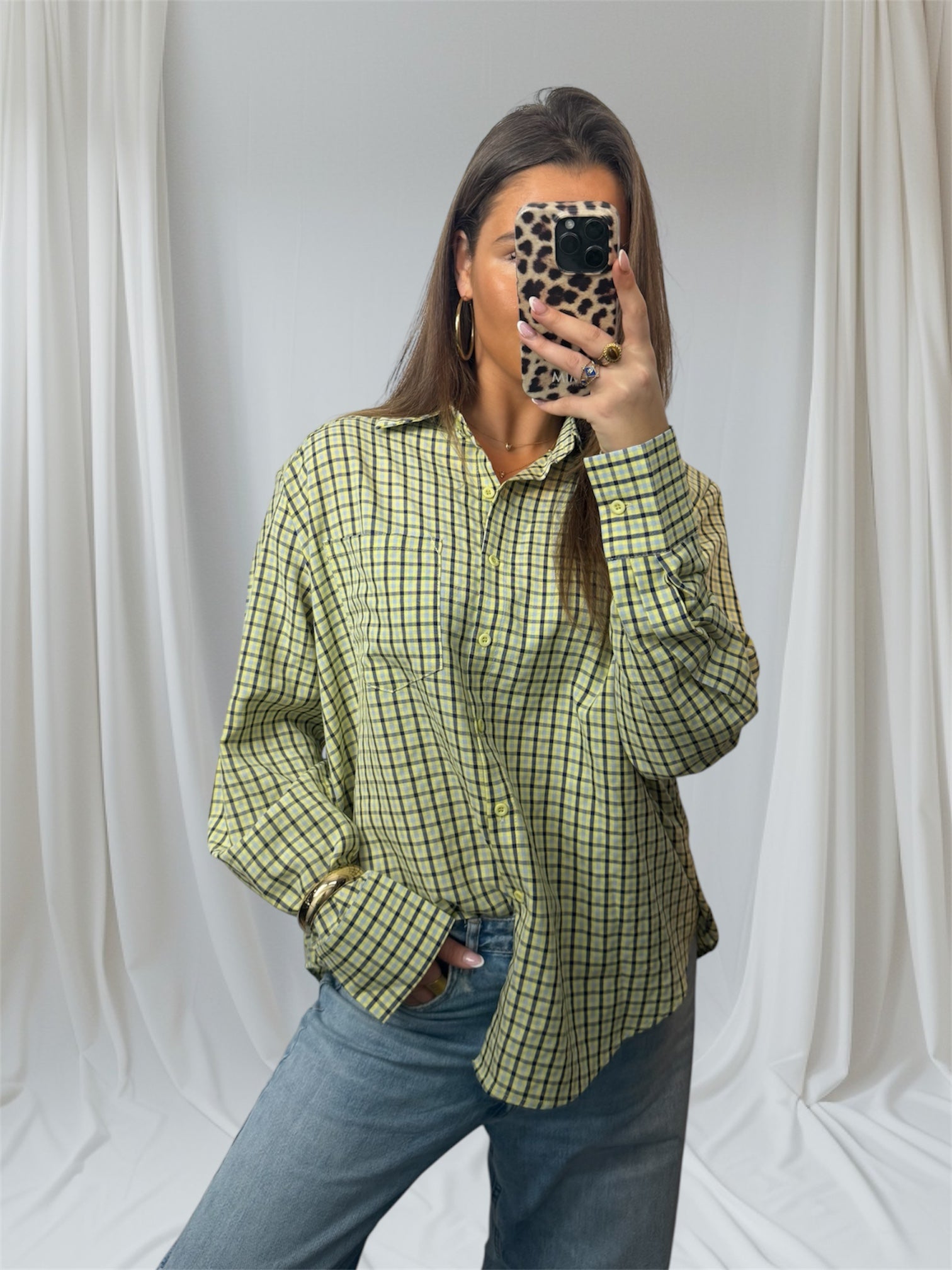 Olive Check Blouse (schoudervulling)