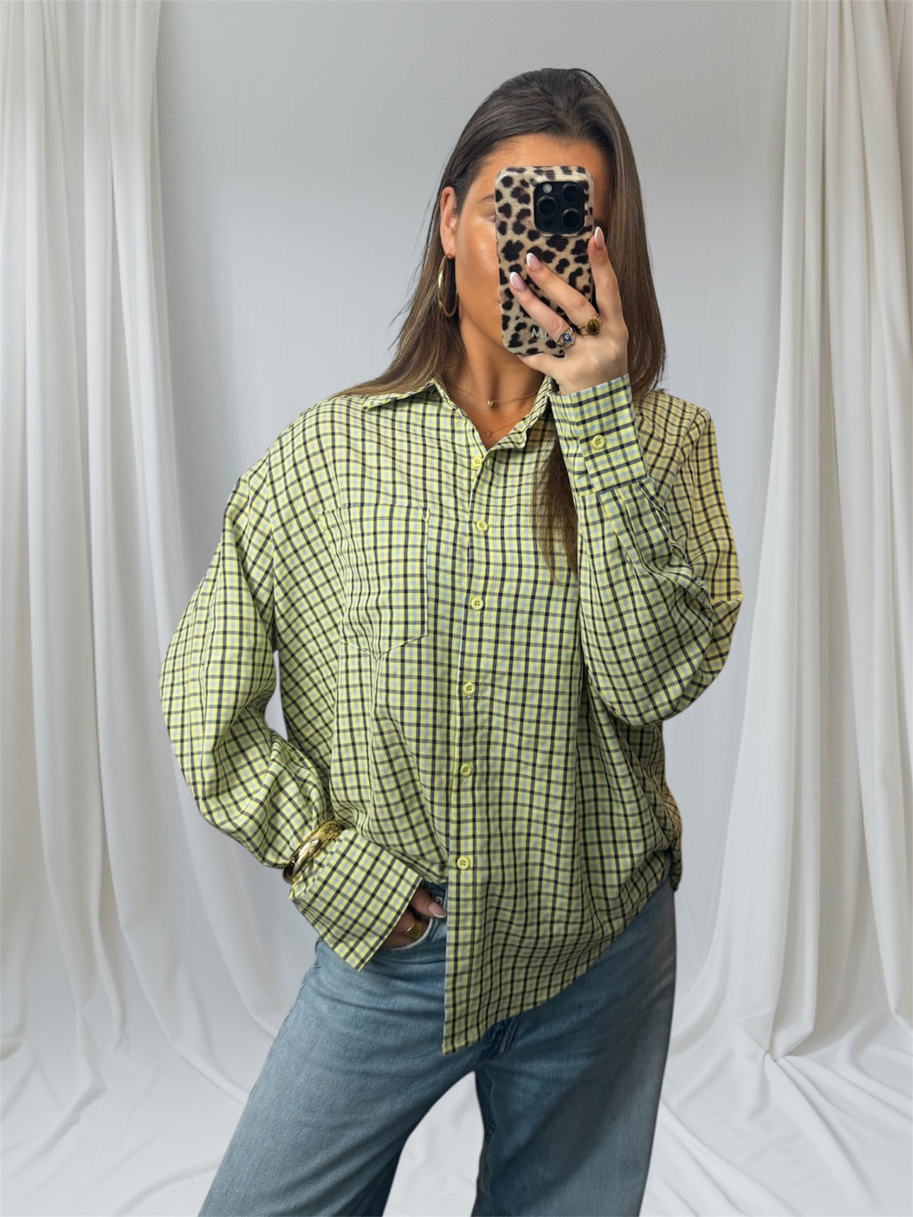 Olive Check Blouse (schoudervulling)